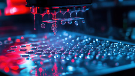 A closeup of the bioreactors agitation mechanism featuring a series of interconnected paddles and sensors driving the mixing process with microscopic bubbles rising to the surface showcasinの素材