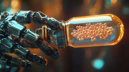 A medium closeup of a nanorobot holding a translucent vial intricately loaded with fluorescent drug molecules. The robots meticulous grip illustrates its delicate design emphasizinの素材
