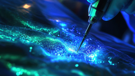 A medium closeup showcasing a surgical site with the robotic instruments actively engaged highlighted with blue and green surgical lights that emphasize the contrast between the delicatの素材