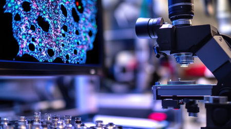 A closeup of an advanced imaging camera mounted on the robotic system capturing highresolution visuals of tissue structures with the intricate lens mechanisms and digital interfacの素材