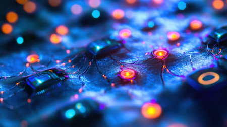 A medium closeup of a synthetic skin patch featuring embedded nanoelectronics that interface with the biological layer beneath displaying a mosaic of bioluminescent cells intersperseの素材