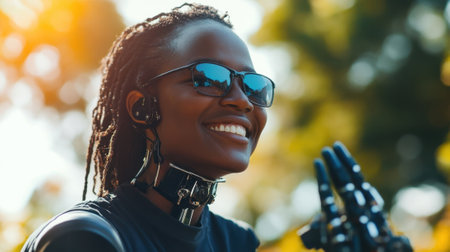 Futuristic cyborg woman embracing technology outdoorsの素材