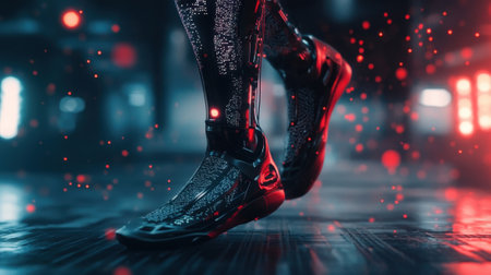Futuristic robotic footwear in neon environmentの素材