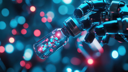 Robotic hand holding molecular structure in vialの素材