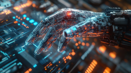 Futuristic robotic hand interacting with digital interfaceの素材