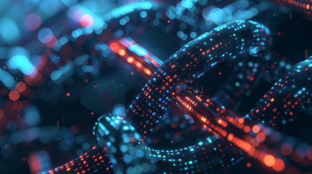 An abstract image of a chain made entirely of interconnected blocks representing the secure and transparent nature of blockchain in protecting human rightsの素材