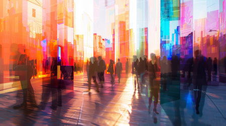 Vibrant digital sculptures and animations catching the eye of passersby each with a price and bidding history hovering beside itの素材