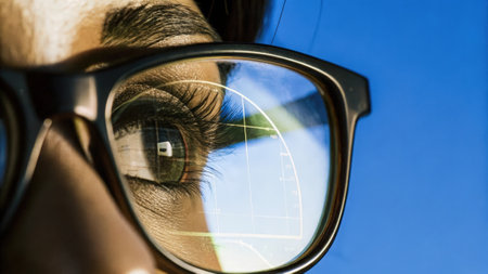 A users eye peering through augmented goggles with reflections of immersive graphics displaying metabolic rates and environmental data creating a bridge between biology and.の素材