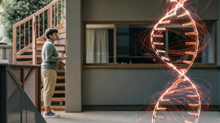 A mesmerizing holographic projection of a human genome with dynamic animation showing the process of DNA replication and transcription accompanied by swirling particles that.の素材
