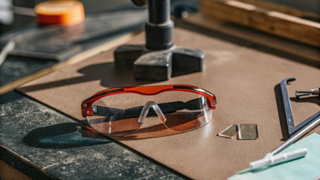 Zoomedin image of a pair of safety goggles resting on a desk cluttered with various tools including a microscope and slides highlighting a sense of focus and seriousness..の素材