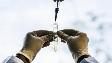 Closeup of a pair of hands holding a microcentrifuge tube filled with DNA solution highlighting the precision required in CRISPR applications..の素材