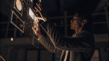 A young entrepreneur interacts with a 3D holographic interface while brainstorming ideas surrounded by digital notes and analytics floating in the air..の素材