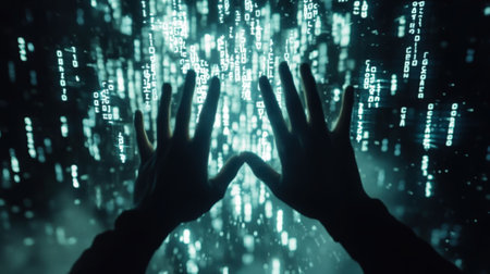 A mysterious presence dominates the scene cloaked in shadows their fingers dancing over keys as a torrent of cryptic symbols rains down from the screens suggesting a realm of secrecの素材