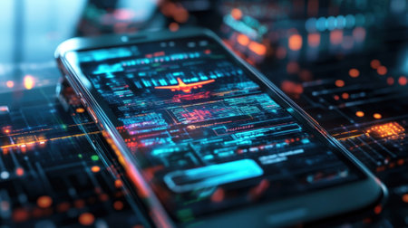 A closeup of a smartphone displaying a flight tracking app that includes cybersecurity features with visual elements indicating secure connections and encryption. The background faintlの素材
