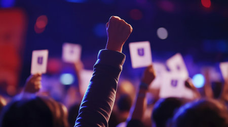 A closeup of a host raising a hand in excitement with a blurred crowd in the background holding up donation cards reflecting the collective effort and commitment to the cause beinの素材