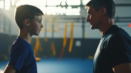 Father and son engaging in motivational conversationの素材