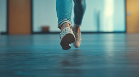 Woman running in sneakers on office floor, filmmaking perspectiveの素材
