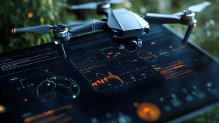 A closeup view of an interactive dashboard highlighting the drones battery status and temperature metrics integrated with overlays of the cameras focal length shutter speed and ISの素材