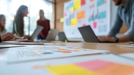 A closeup of a diverse group of students concentrated on their tablets and laptops with colorful posters covering the walls while the hosts enthusiastic presentation slightly out oの素材