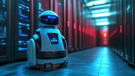 A futuristic robotic sentry stands guard over a data center equipped with scanning lasers and detection sensors actively identifying and neutralizing potential cyber threats encapsulatinの素材