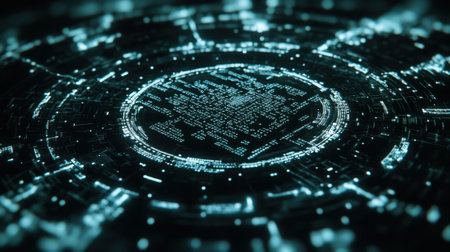 An abstract graphical representation showcasing a virtual private cloud with a network of firewalls forming interconnected shields surrounded by streams of binary code that signifの素材