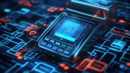 An intricate detail of a pointofsale device showcasing a card reader with an illuminated screen displaying a payment processing message. Surrounding the reader are graphical representationの素材