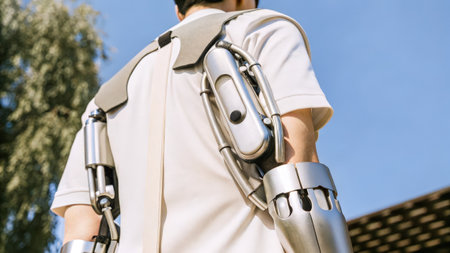 A closeup of a wearable exoskeleton on an individuals back featuring advanced robotics and powered joints showcasing the augmentation of strength and lifting capabilities..の素材