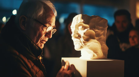 Elderly man contemplating abstract sculpture in galleryの素材