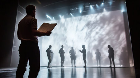Director overseeing rehearsal with cast on stageの素材