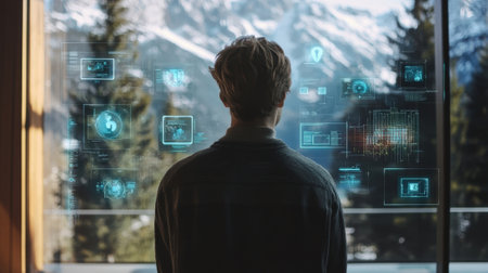 A young professional in an office environment engages with floating holographic icons representing different cybersecurity threats. The AR interface reveals interactive tutorials thaの素材