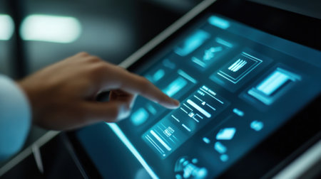 A closeup view of a user interacting with an intuitive touch interface showcasing gestures like swiping and tapping to manipulate the teleprompters settings with a streamlined layouの素材