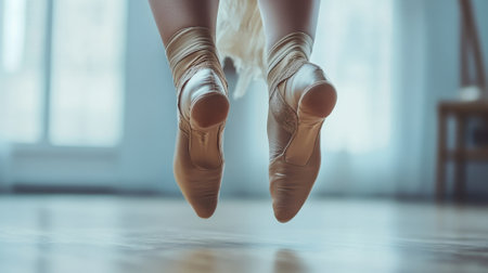 Ballerina performing a jump in pointe shoes in dance studioの素材