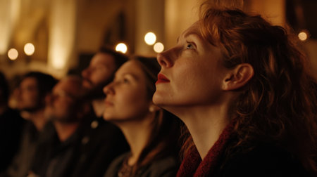 Audience watching a movie in a cinema, looking up at the screenの素材