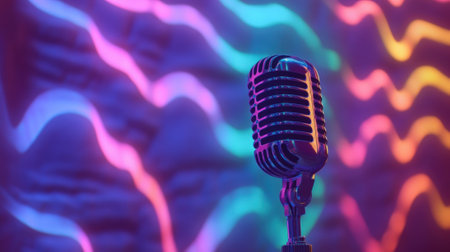 Closeup of a microphone picking up the vibrant dialogue with a faint background of colorful soundwave patterns projected onto a soft wall creating an inviting atmosphere for the podcasの素材