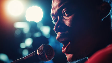 Singer performing live music on stage with microphoneの素材