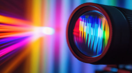 A closeup view of a calibration disk resting on a highend projector lens with a bright light beam projected onto a white screen behind it displaying vibrant color patterns for accuratの素材