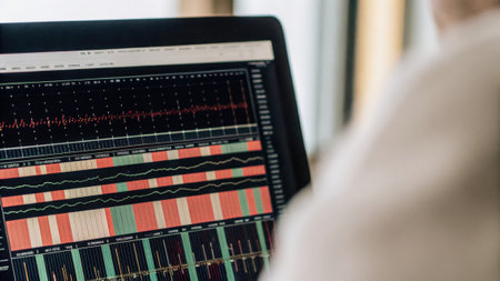 A close view of a personal computer monitor displaying bioinformatics software with colorful graphs and sequences from genetic analyses prominently shown..の素材