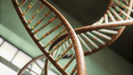 An artistic composition of a DNA double helix morphing into digital pixels capturing the transformation from genetic structure to coded information symbolizing the exploration of.の素材