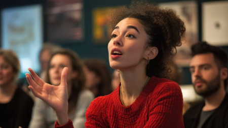 Engaged audience member in filmmaking discussionの素材