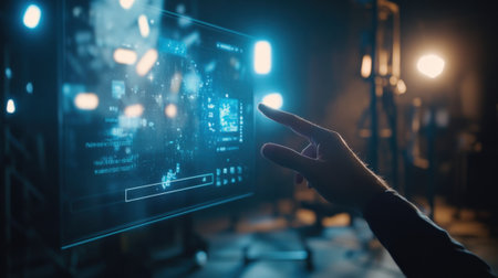 A closeup of a directors hand navigating through an interactive AR menu on a handheld device with translucent visuals of lighting setups and scene adjustments floating in the air iの素材