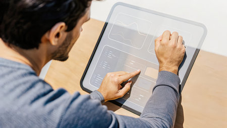 A gentleman with a thoughtful expression engages with a holographic screen that features a visual comparison of his pressure readings over the months highlighting improvements..の素材