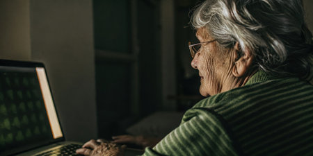 Closeup of an elderly womans face illuminated by the glow of a computer screen with gentle lines of concentration as she participates in an interactive memory game through her.の素材