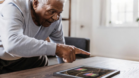 A senior man leans forward eyebrows furrowed as he points at a 3D hologram depicting a daily activity tracker the vibrant colors of the stats drawing his attention..の素材