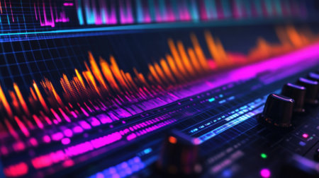 A wideangle shot of a highresolution monitor showcasing an audio spectrum analyzer graph where fluctuating lines pulse rhythmically in sync with beats capturing the intricate detailの素材