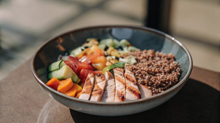 A closeup of a vibrant plate of food artistically arranged according to specific nutrient recommendations derived from genetic analysis with colorful vegetables lean proteins and.の素材