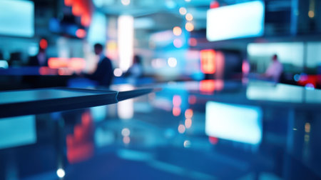 A closeup of a modern news anchors desk equipped with hightech gadgets and a glossy surface reflecting the ambient lights. The fuzzy outlines of colleagues discussing offcamera creatの素材