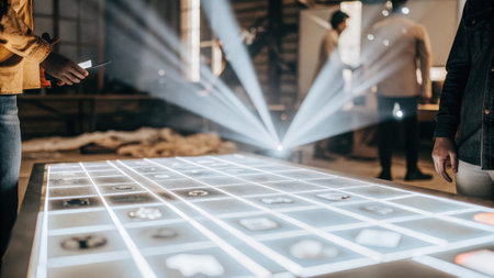 An immersive workspace featuring a holographic grid displaying diverse marketing channels with light beams and icons representing social media and email campaigns..の素材