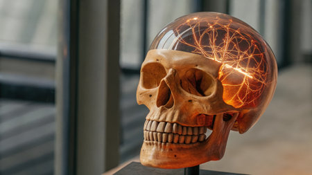 A closeup of a skull augmented with a transparent cranial dome that reveals a complex network of neural circuitry emphasizing the fusion of biological and artificial intelligence.の素材