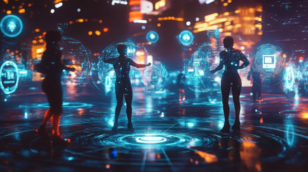 An intense gaming moment captured as avatars engage in a multiplayer battle their movements monitored by floating security icons that symbolize realtime anticheat analyses. Secure connectioの素材