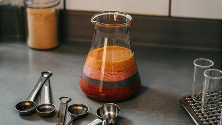 A closeup of a glass beaker filled with a DIY concoction of nutrients alongside an assortment of measuring ss indicating a home experimentation setup..の素材